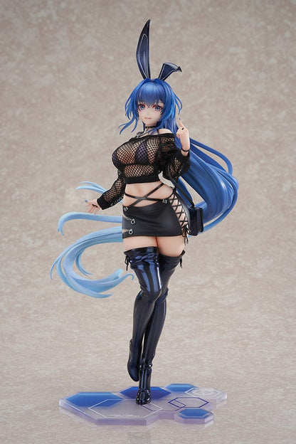 Azur Lane New Jersey (Collaboration Illustration Ver.) 1/7 Scale Figure in black bunny-inspired outfit with fishnet top, mini skirt, and long blue hair on tech-inspired base.