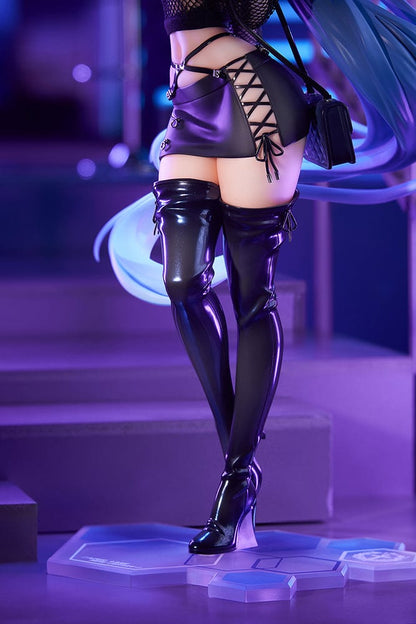 Azur Lane New Jersey (Collaboration Illustration Ver.) 1/7 Scale Figure in black bunny-inspired outfit with fishnet top, mini skirt, and long blue hair on tech-inspired base.