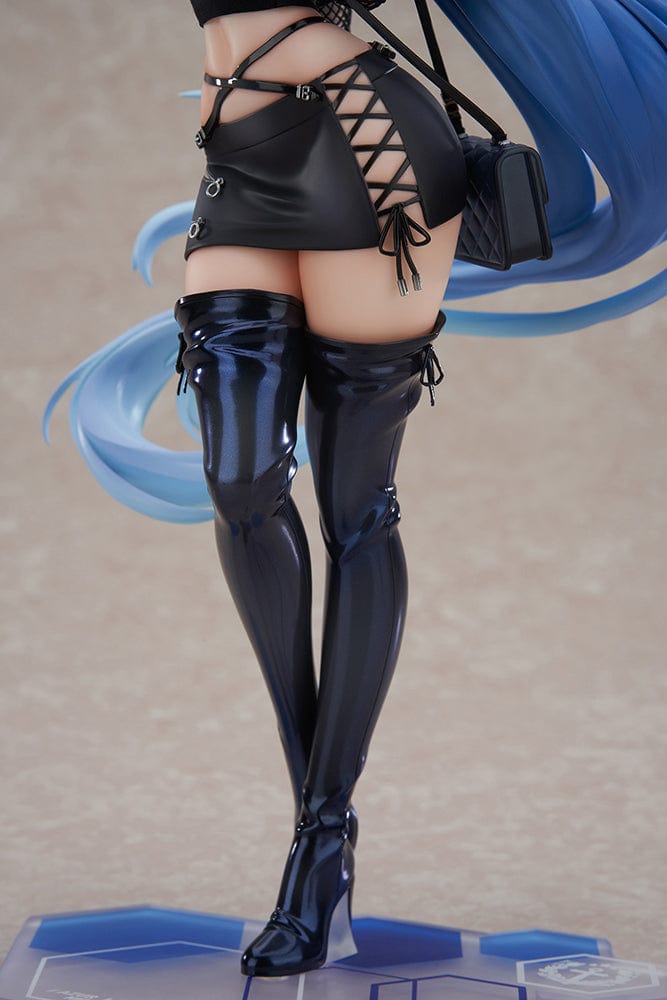 Azur Lane New Jersey (Collaboration Illustration Ver.) 1/7 Scale Figure in black bunny-inspired outfit with fishnet top, mini skirt, and long blue hair on tech-inspired base.