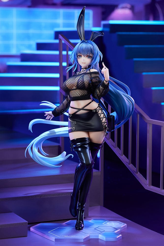 Azur Lane New Jersey (Collaboration Illustration Ver.) 1/7 Scale Figure in black bunny-inspired outfit with fishnet top, mini skirt, and long blue hair on tech-inspired base.