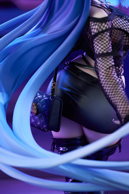 Azur Lane New Jersey (Collaboration Illustration Ver.) 1/7 Scale Figure in black bunny-inspired outfit with fishnet top, mini skirt, and long blue hair on tech-inspired base.