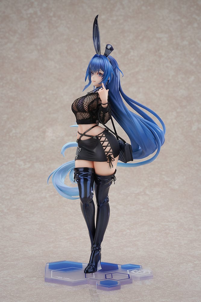 Azur Lane New Jersey (Collaboration Illustration Ver.) 1/7 Scale Figure in black bunny-inspired outfit with fishnet top, mini skirt, and long blue hair on tech-inspired base.