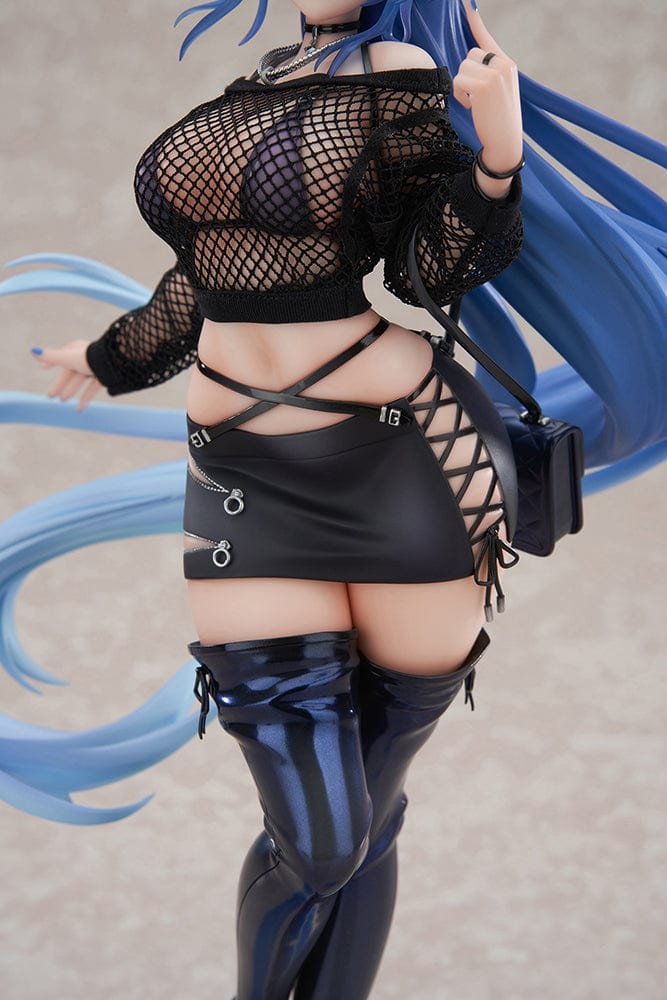 Azur Lane New Jersey (Collaboration Illustration Ver.) 1/7 Scale Figure in black bunny-inspired outfit with fishnet top, mini skirt, and long blue hair on tech-inspired base.