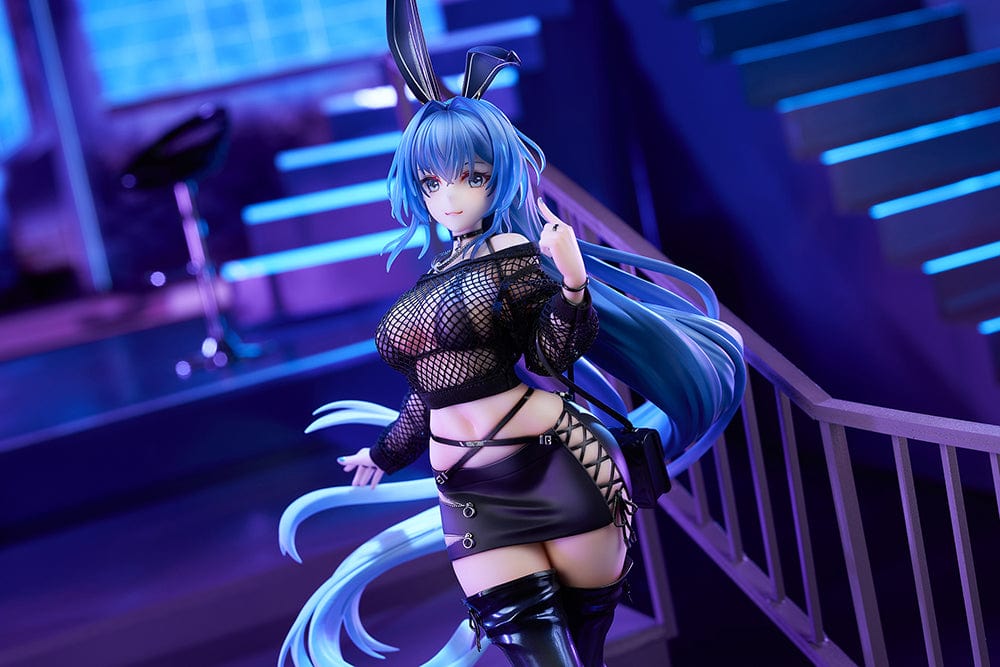 Azur Lane New Jersey (Collaboration Illustration Ver.) 1/7 Scale Figure in black bunny-inspired outfit with fishnet top, mini skirt, and long blue hair on tech-inspired base.