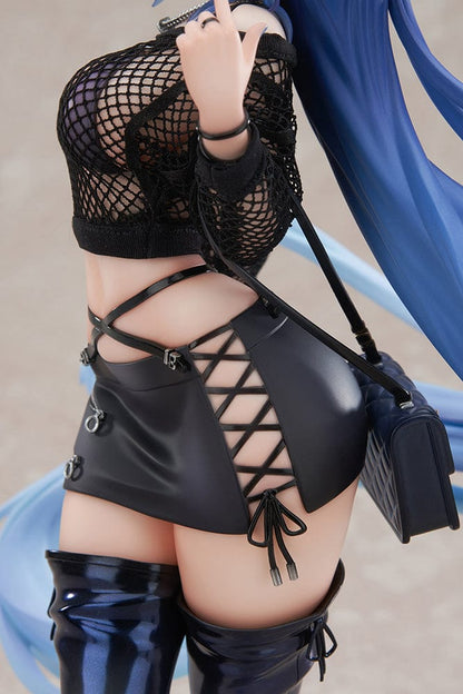 Azur Lane New Jersey (Collaboration Illustration Ver.) 1/7 Scale Figure in black bunny-inspired outfit with fishnet top, mini skirt, and long blue hair on tech-inspired base.