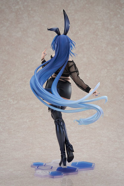 Azur Lane New Jersey (Collaboration Illustration Ver.) 1/7 Scale Figure in black bunny-inspired outfit with fishnet top, mini skirt, and long blue hair on tech-inspired base.