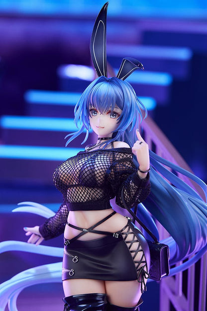 Azur Lane New Jersey (Collaboration Illustration Ver.) 1/7 Scale Figure in black bunny-inspired outfit with fishnet top, mini skirt, and long blue hair on tech-inspired base.