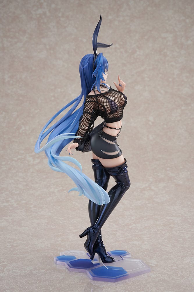 Azur Lane New Jersey (Collaboration Illustration Ver.) 1/7 Scale Figure in black bunny-inspired outfit with fishnet top, mini skirt, and long blue hair on tech-inspired base.