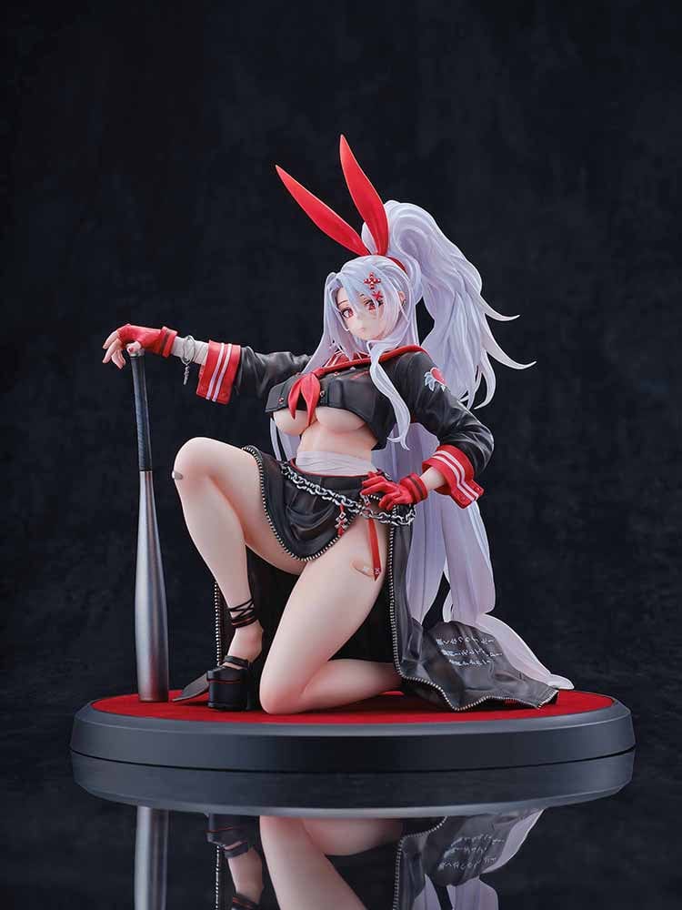 Azur Lane Prinz Eugen Ura no Urabancho? 1/6 Scale Figure, featuring bold black and red outfit, dynamic pose, and silver flowing hair with red bunny ears.