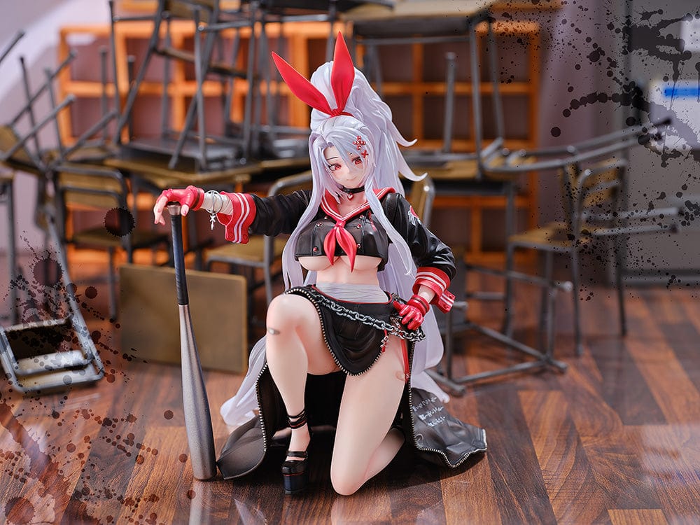 Azur Lane Prinz Eugen Ura no Urabancho? 1/6 Scale Figure, featuring bold black and red outfit, dynamic pose, and silver flowing hair with red bunny ears.