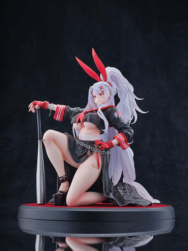 Azur Lane Prinz Eugen Ura no Urabancho? 1/6 Scale Figure, featuring bold black and red outfit, dynamic pose, and silver flowing hair with red bunny ears.