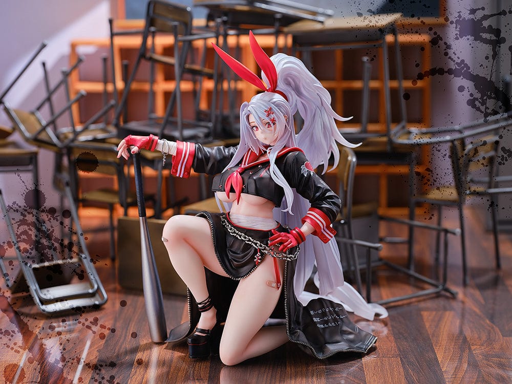 Azur Lane Prinz Eugen Ura no Urabancho? 1/6 Scale Figure, featuring bold black and red outfit, dynamic pose, and silver flowing hair with red bunny ears.