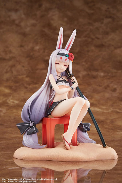 Azur Lane Shimakaze (The Island Wind Rests Regular Ver.) 1/7 Scale Figure, seated casually with bunny ears, showcasing her ethereal silver hair and maritime-themed attire, conveying the essence of a gentle sea breeze and tranquil oceanic beauty.