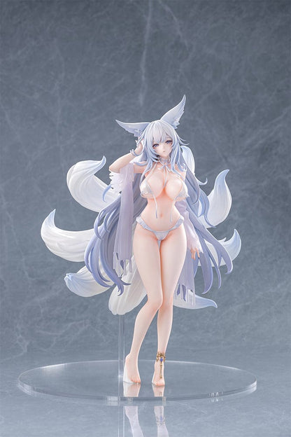 Azur Lane Shinano Dreamy White Sands Ver. 1/7 Scale Figure featuring Shinano in a detailed white bikini, flowing hair, and fox-like tails on a clear base.