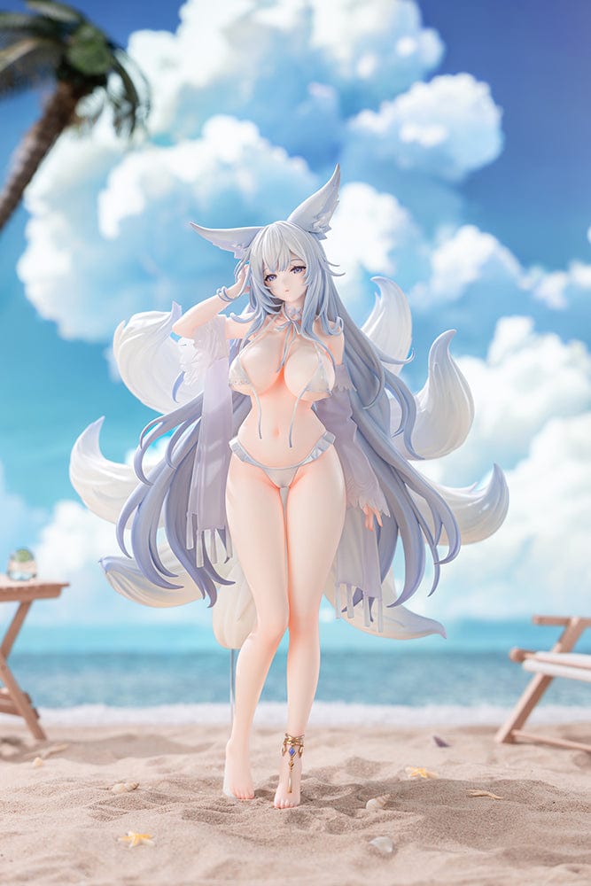 Azur Lane Shinano Dreamy White Sands Ver. 1/7 Scale Figure featuring Shinano in a detailed white bikini, flowing hair, and fox-like tails on a clear base.