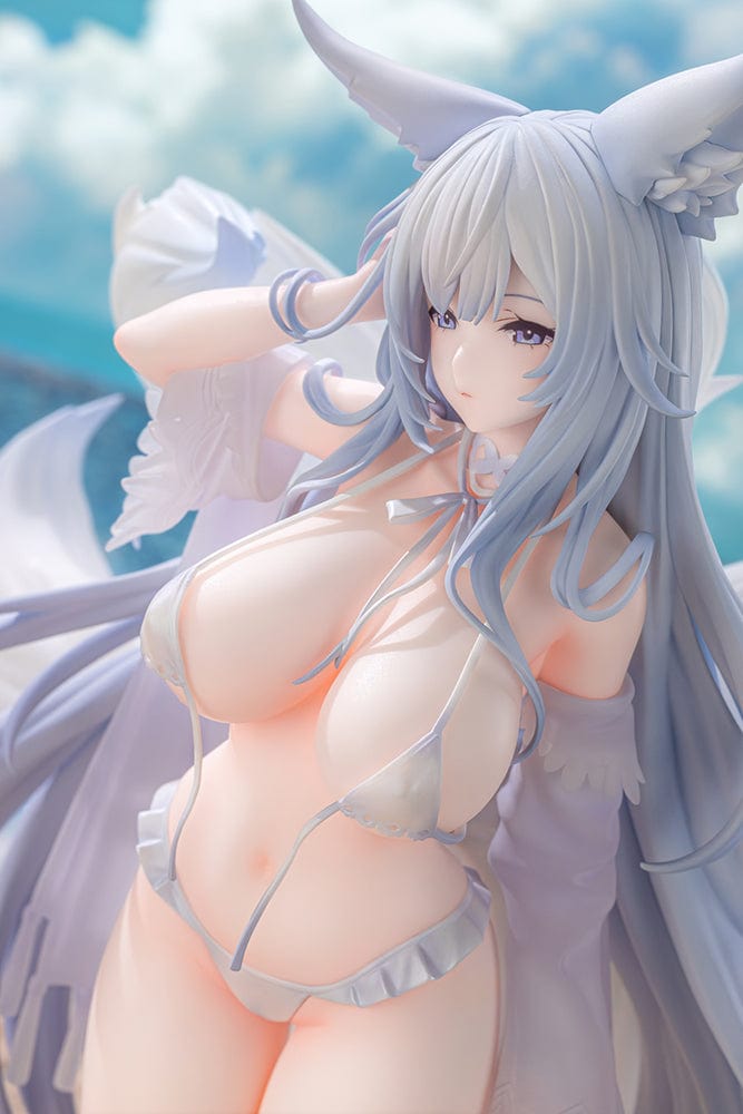 Azur Lane Shinano Dreamy White Sands Ver. 1/7 Scale Figure featuring Shinano in a detailed white bikini, flowing hair, and fox-like tails on a clear base.