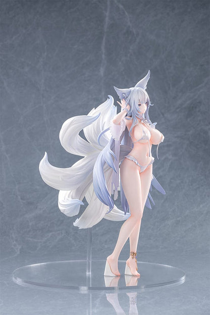 Azur Lane Shinano Dreamy White Sands Ver. 1/7 Scale Figure featuring Shinano in a detailed white bikini, flowing hair, and fox-like tails on a clear base.