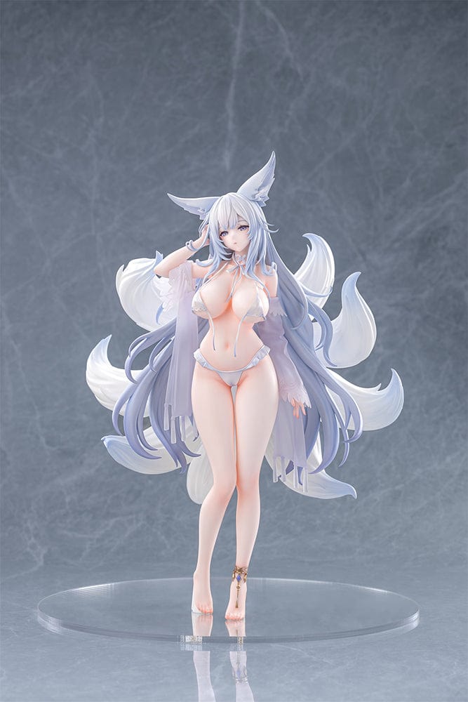 Azur Lane Shinano Dreamy White Sands Ver. 1/7 Scale Figure featuring Shinano in a detailed white bikini, flowing hair, and fox-like tails on a clear base.