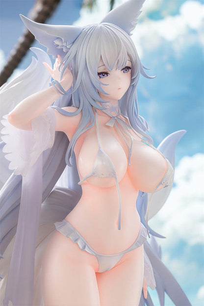 Azur Lane Shinano Dreamy White Sands Ver. 1/7 Scale Figure featuring Shinano in a detailed white bikini, flowing hair, and fox-like tails on a clear base.