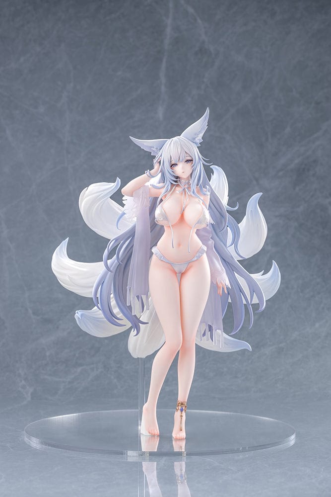 Azur Lane Shinano Dreamy White Sands Ver. 1/7 Scale Figure featuring Shinano in a detailed white bikini, flowing hair, and fox-like tails on a clear base.