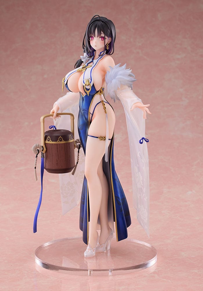 Azur Lane Ting An (Lightweight Ver.) 1/7 Scale Figure in blue and white outfit holding a wooden pail, with translucent sleeves and floral patterns.