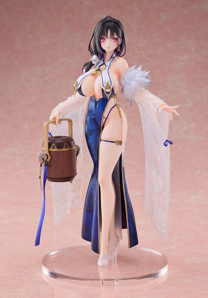 Azur Lane Ting An (Lightweight Ver.) 1/7 Scale Figure in blue and white outfit holding a wooden pail, with translucent sleeves and floral patterns.