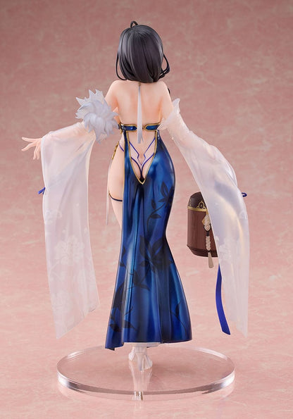 Azur Lane Ting An (Lightweight Ver.) 1/7 Scale Figure in blue and white outfit holding a wooden pail, with translucent sleeves and floral patterns.