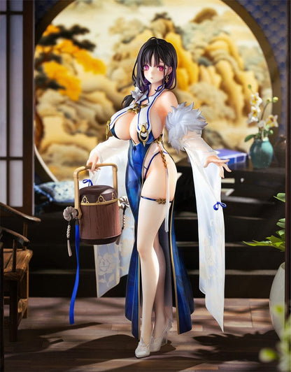 Azur Lane Ting An (Lightweight Ver.) 1/7 Scale Figure in blue and white outfit holding a wooden pail, with translucent sleeves and floral patterns.