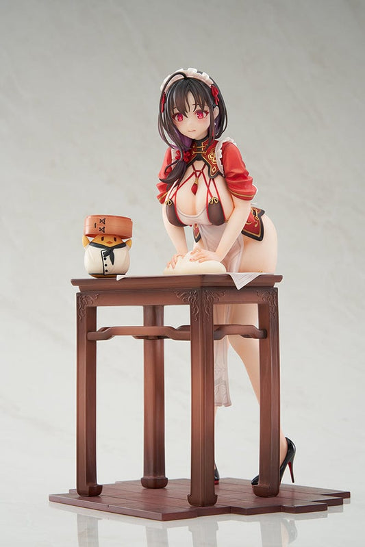 Azur Lane Ting An (Tender White Jade Ver.) 1/7 Scale Figure - Elegantly detailed figure of Ting An in a traditional yet stylish outfit, posed playfully leaning over a desk with a chibi character, perfect for collectors and fans of the game.