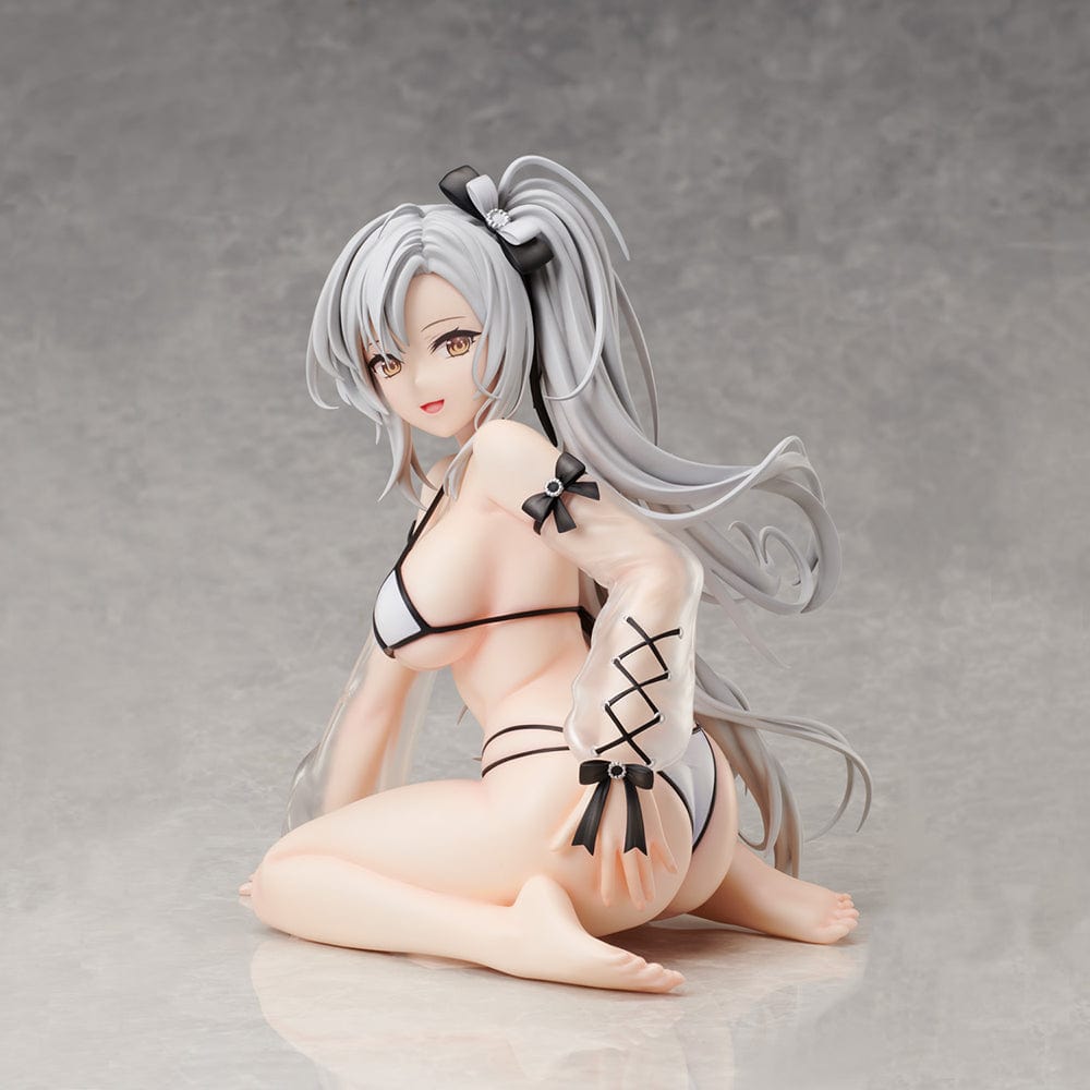 1/4 scale figure of Drake from Azur Lane, in a black bikini with criss-cross arm details, long flowing silver hair tied with a black bow, sitting in a relaxed pose, part of the B-Style series.