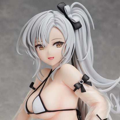 1/4 scale figure of Drake from Azur Lane, in a black bikini with criss-cross arm details, long flowing silver hair tied with a black bow, sitting in a relaxed pose, part of the B-Style series.