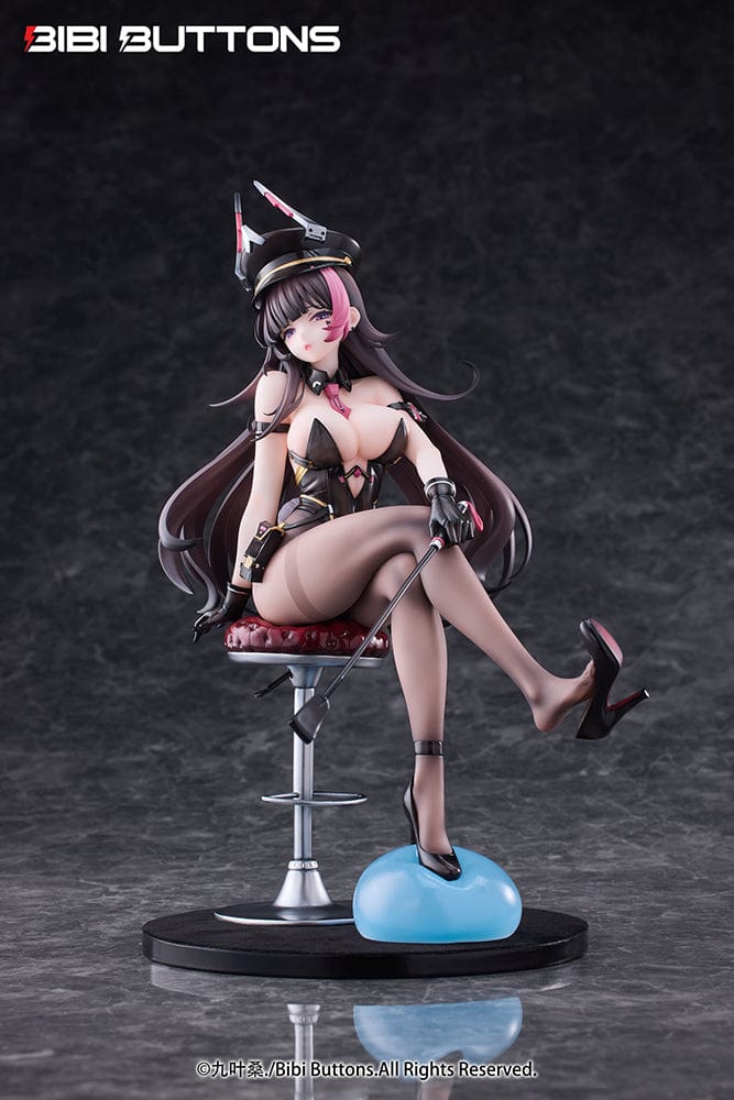 Torture Officer Usami Kaoru 1/6 Scale Figure seated on a stylish chair, holding a whip, with detailed black outfit, thigh-high stockings, and blue slime accessory.