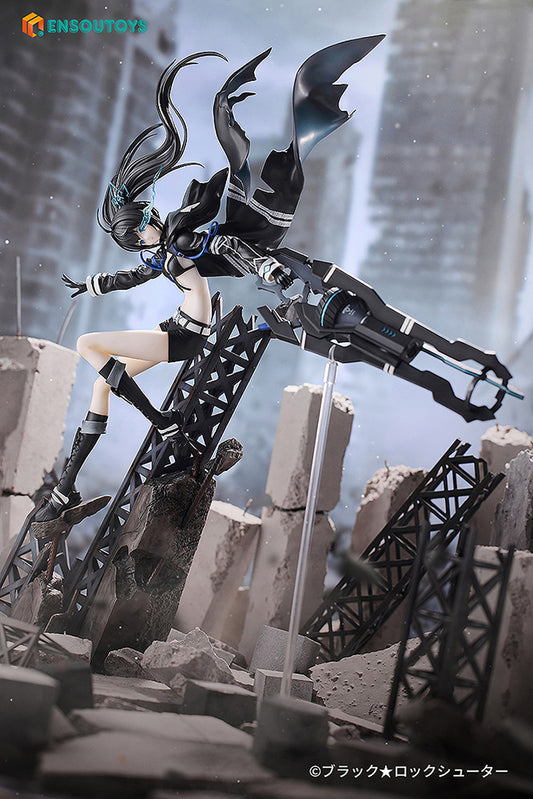 Black Rock Shooter FRAGMENT Elishka 1/7 Scale Figure featuring Elishka in a dynamic pose with her signature weapon, poised on an industrial-themed base, showcasing intricate details and vibrant paintwork, perfect for fans and collectors of the Black Rock Shooter series.