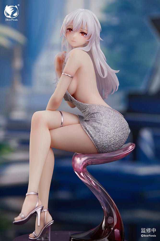 "Serina 1/6 Scale Figure (With Bonus) - Elegant figure of Serina with long white hair, seated gracefully on a stylish chair, wearing a shimmering silver dress and delicate accessories."