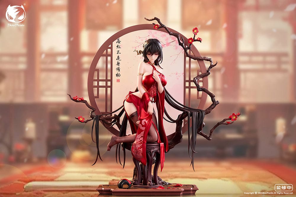 Luo Hong 1/6 scale figure in an elegant red outfit, posed gracefully with a cherry blossom backdrop, featuring detailed accessories and traditional elements