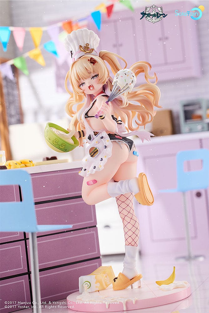 Azur Lane Bache (Anniversary Illustration Deluxe Ver.) 1/7 Scale Figure dressed as a pastry chef with whisk and bowl, featuring a detailed baking-themed base and matching plushie.