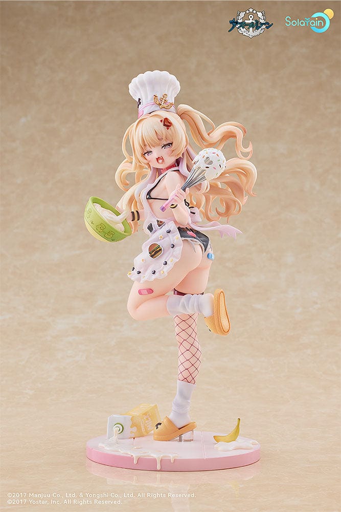 Azur Lane Bache (Anniversary Illustration Deluxe Ver.) 1/7 Scale Figure dressed as a pastry chef with whisk and bowl, featuring a detailed baking-themed base and matching plushie.