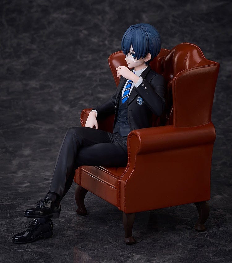 Black Butler: Boarding School Arc Ciel Phantomhive Figure seated in a detailed brown leather armchair, wearing a black suit with blue striped tie and polished shoes.