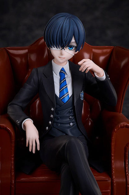 Black Butler: Boarding School Arc Ciel Phantomhive Figure seated in a detailed brown leather armchair, wearing a black suit with blue striped tie and polished shoes.