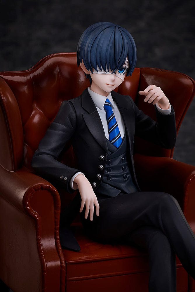 Black Butler: Boarding School Arc Ciel Phantomhive Figure seated in a detailed brown leather armchair, wearing a black suit with blue striped tie and polished shoes.