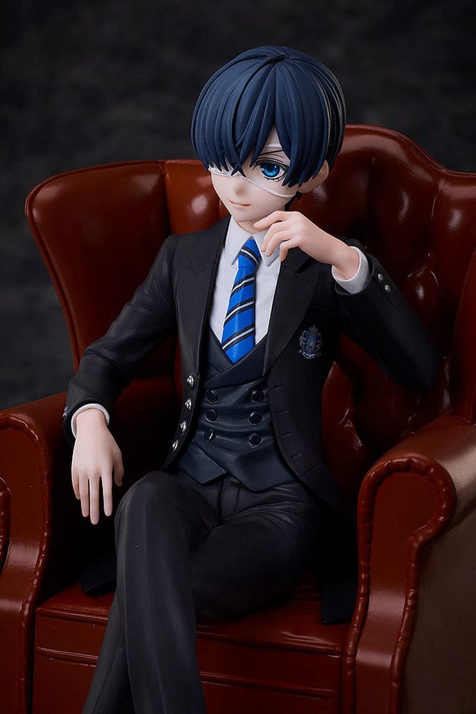 Black Butler: Boarding School Arc Ciel Phantomhive Figure seated in a detailed brown leather armchair, wearing a black suit with blue striped tie and polished shoes.