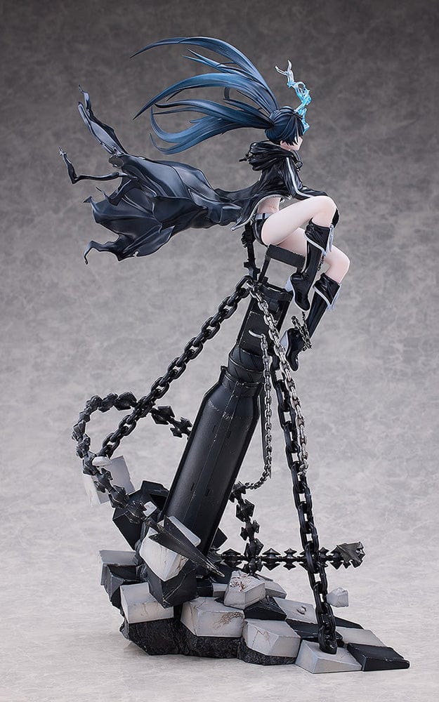 Black Rock Shooter Empress (Pilot Edition Ver.) 1/7 Scale Figure featuring dynamic pose, flowing black coat, blue flame eye, and shattered battlefield base with chains.