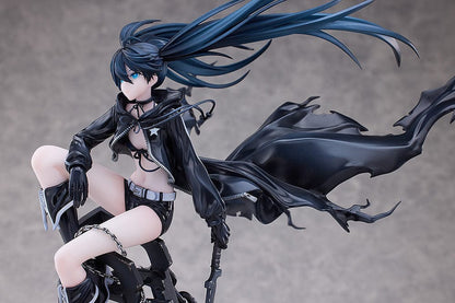 Black Rock Shooter Empress (Pilot Edition Ver.) 1/7 Scale Figure featuring dynamic pose, flowing black coat, blue flame eye, and shattered battlefield base with chains.