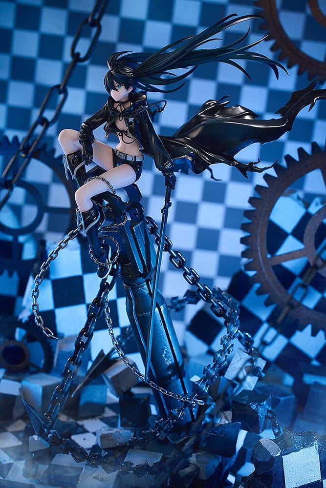 Black Rock Shooter Empress (Pilot Edition Ver.) 1/7 Scale Figure featuring dynamic pose, flowing black coat, blue flame eye, and shattered battlefield base with chains.