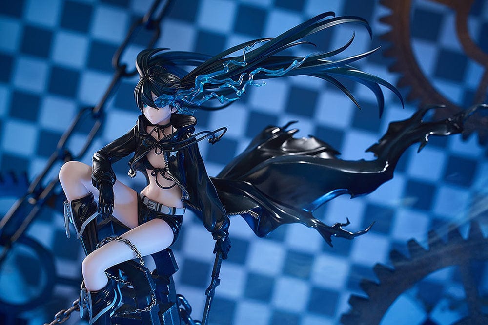 Black Rock Shooter Empress (Pilot Edition Ver.) 1/7 Scale Figure featuring dynamic pose, flowing black coat, blue flame eye, and shattered battlefield base with chains.