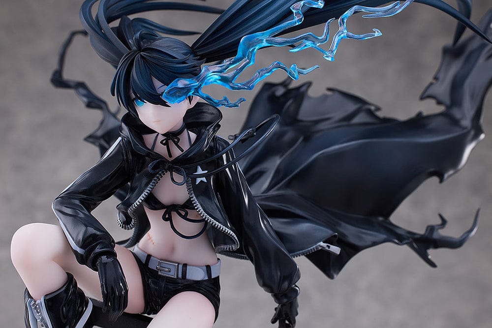 Black Rock Shooter Empress (Pilot Edition Ver.) 1/7 Scale Figure featuring dynamic pose, flowing black coat, blue flame eye, and shattered battlefield base with chains.