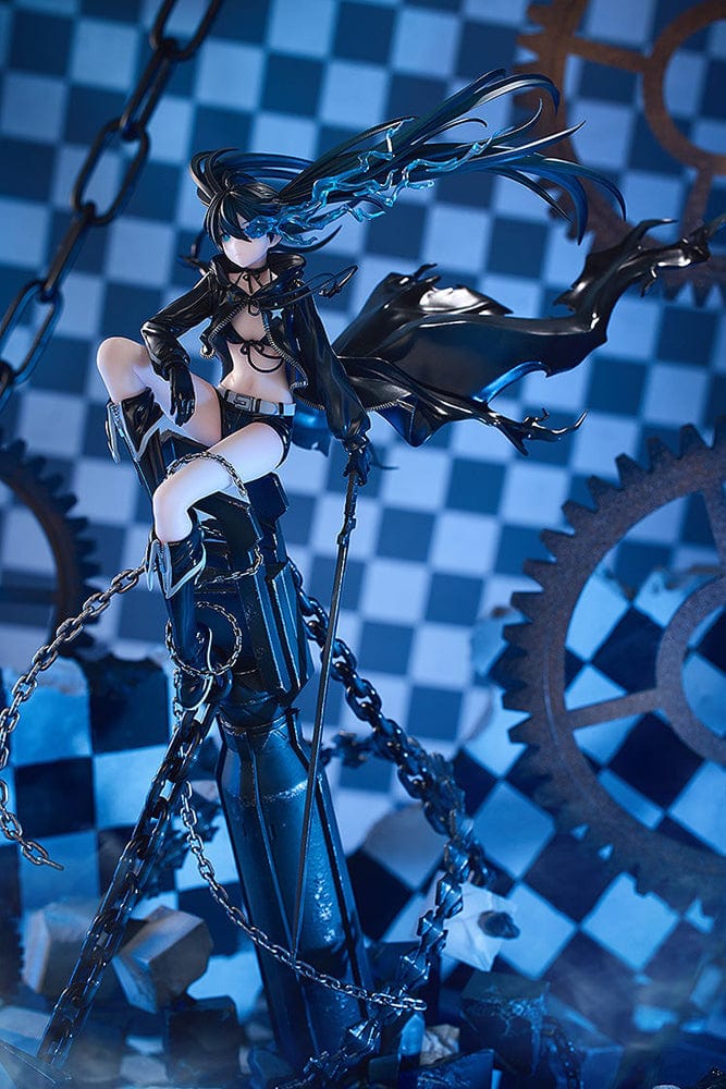 Black Rock Shooter Empress (Pilot Edition Ver.) 1/7 Scale Figure featuring dynamic pose, flowing black coat, blue flame eye, and shattered battlefield base with chains.