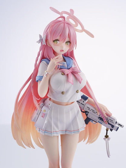 Blue Archive's Urawa Hanako 1/7 scale figure in DX Version showcases her in two separate stances, one in a detailed school uniform with weapon and satchel, the other in a charming swimsuit, both expressing her complex character and the game's rich narrative setting.