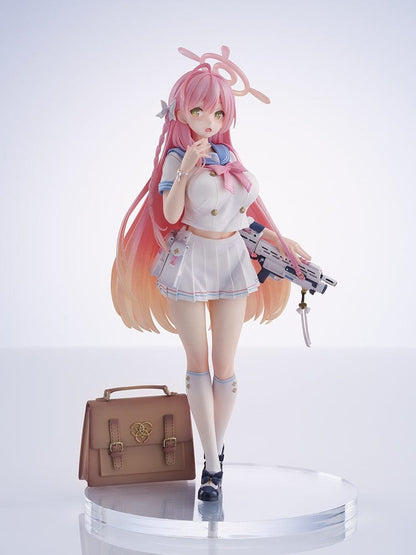 Blue Archive's Urawa Hanako 1/7 scale figure in DX Version showcases her in two separate stances, one in a detailed school uniform with weapon and satchel, the other in a charming swimsuit, both expressing her complex character and the game's rich narrative setting.