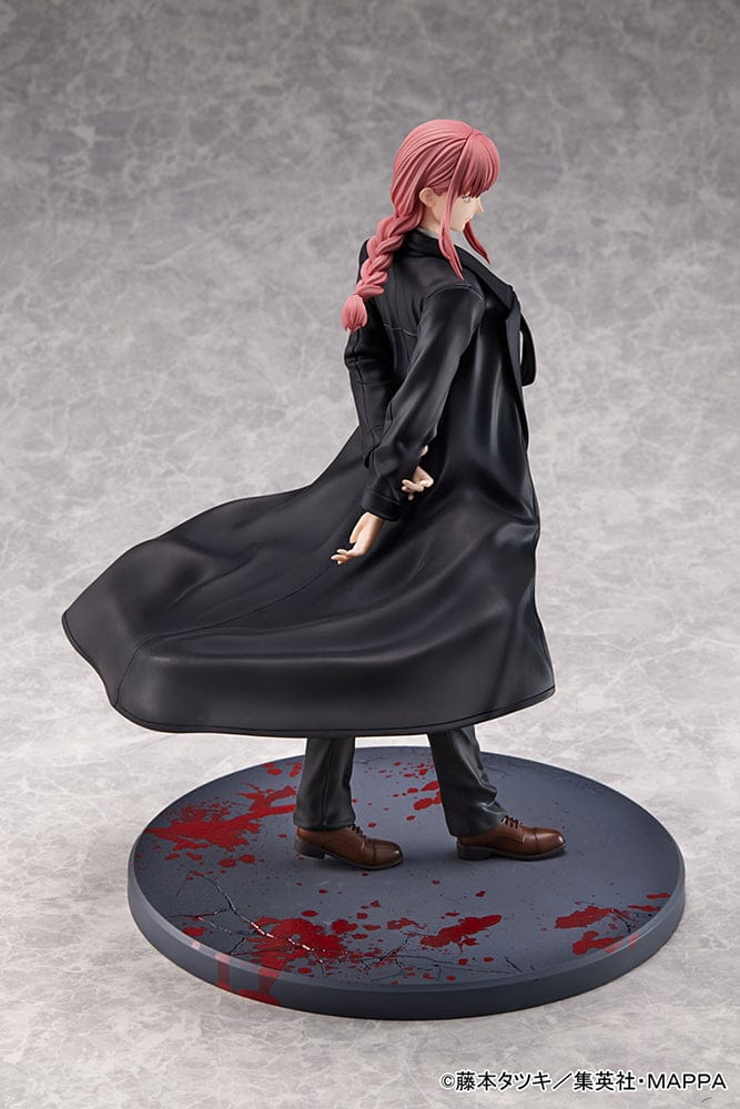 Chainsaw Man Makima 1/7 Scale Figure in black suit and trench coat, walking confidently with dramatic base design in a dark, bloodstained setting.